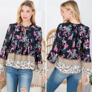 NEW En Creme Mix Floral Border Print Top with Self Tie Neckline